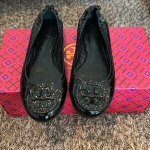 Tory Burch Black Patent Crocodile Embossed Reva Flats